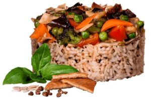 Жасминовый рис с копчёным тофу и овощами в соусе Понзу